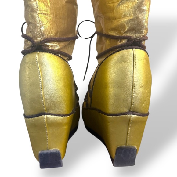 Vintage Colin Stuart Metallic gold Brown Lace Wedge Moon Boots Knee High 6.5 - Picture 4 of 15